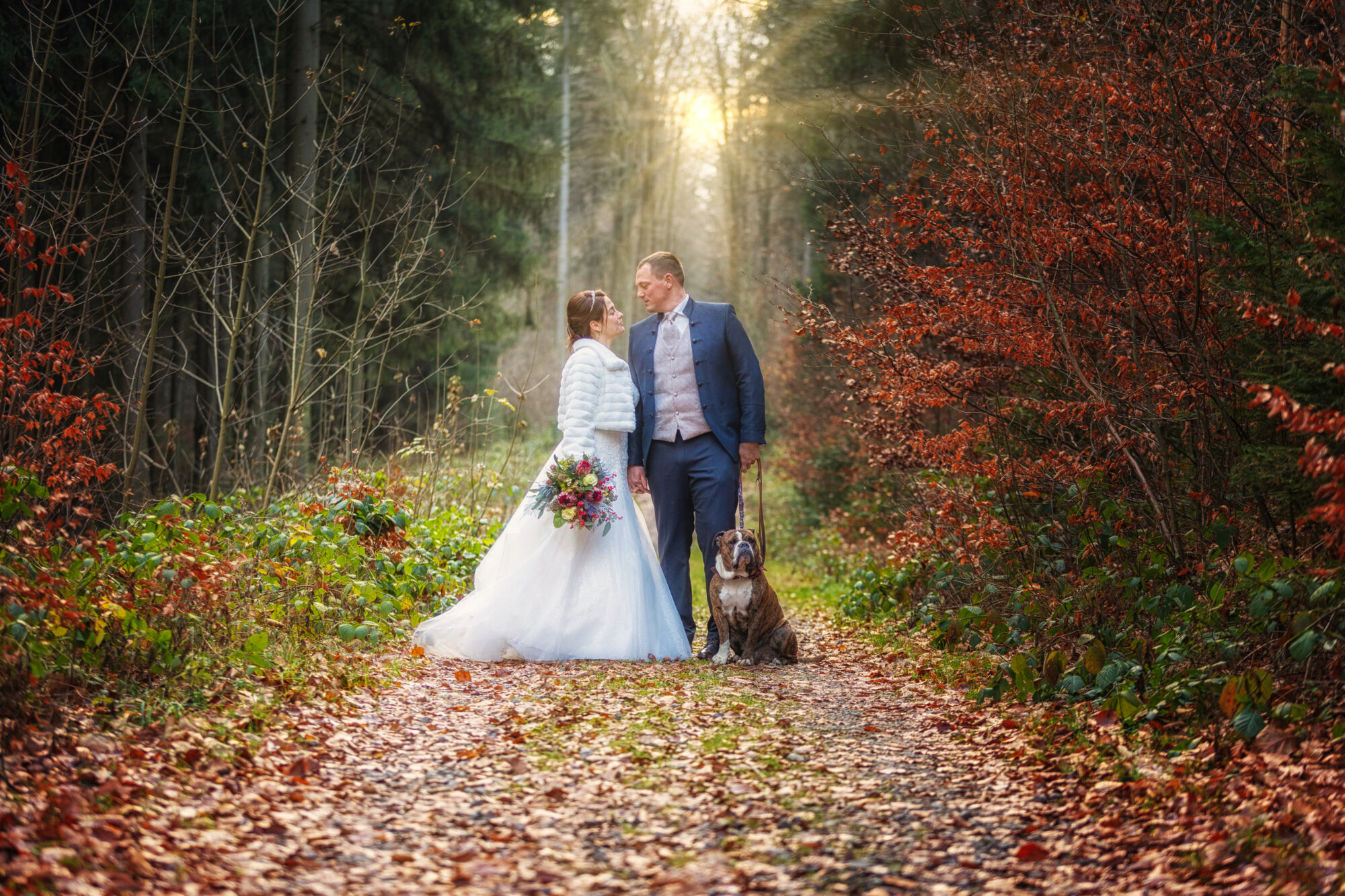 Brautpaar mit Hund auf einem herbstlichen Waldweg – Hochzeitsfotograf Marko Lorenz